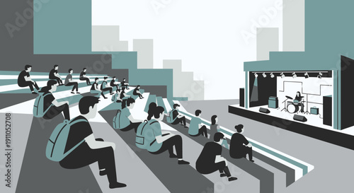 Outdoor Concert Performance Audience Watching Band On Stage