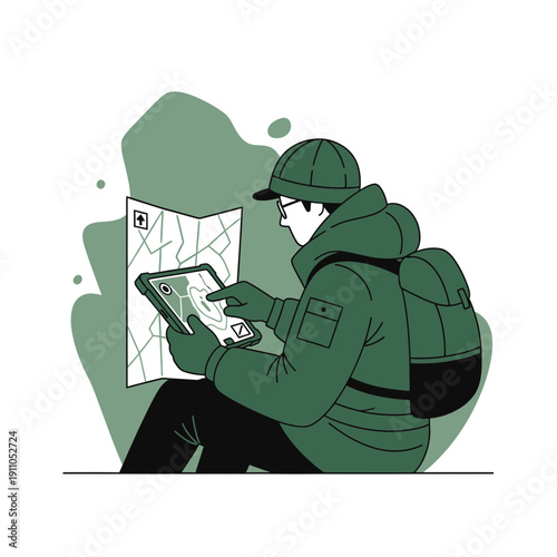 Outdoor Explorer Navigating With Digital Map and Paper Atlas