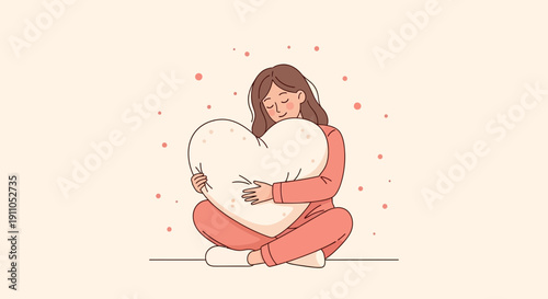 Peaceful Woman Hugging A Large Heart Pillow With Closed Eyes