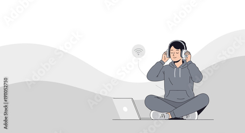 Peaceful Young Person Enjoying Music And Connectivity Through Headphones And Laptop