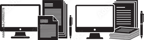 Computer and document icons illustrating digital workflow, data management, and office tasks