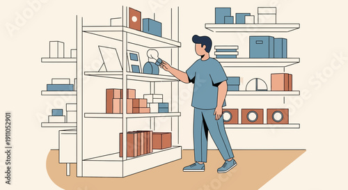 Person Arranging Items On Retail Shelves In Minimalist Style