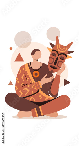 Person Holding Tribal Mask Artistic Cultural Representation Modern Flat Style