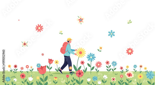 Person Backpacking Among Vibrant Blooming Flowers In A Sunny Meadow