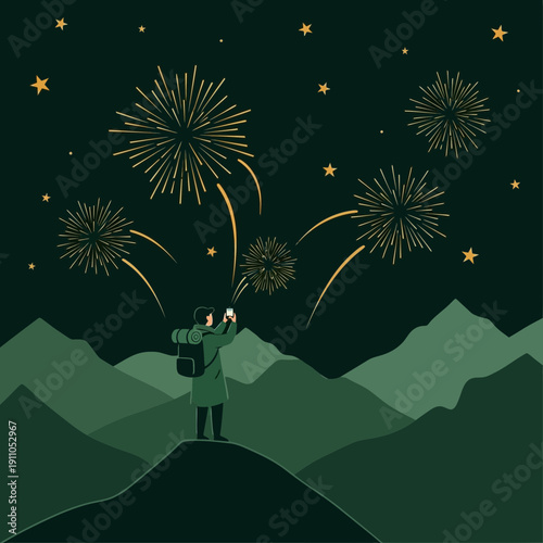 Person Capturing Stunning Mountain Fireworks Display Under Starry Night Sky