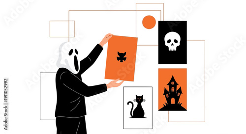 Person In Ghost Costume Selects Halloween Art With Cats And Skulls