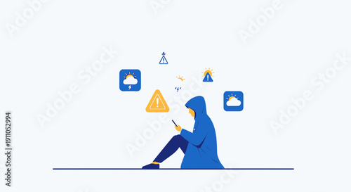 Person In Hooded Jacket Uses Smartphone Surrounded By Weather And Alert Icons