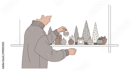 Person Decorating Shelf with Festive Ornaments and Miniature Trees