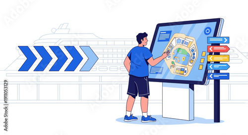 Person Interacting With Interactive Digital Map On A Cruise Ship Deck