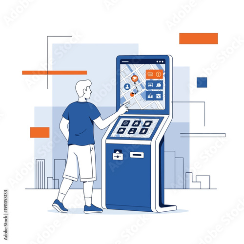 Person Interacting With Interactive Digital Kiosk for Navigation and Information