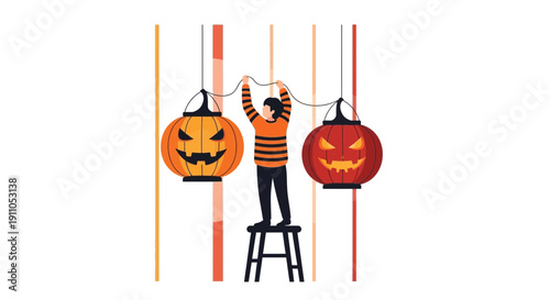 Person Decorating Spooky Halloween Jack-o-Lanterns For Holiday Celebration