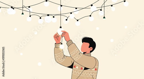 Person Decorating With Festive String Lights