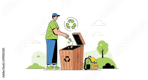 Person Disposing Organic Waste In A Wooden Recycling Bin