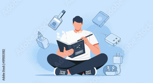 Person Learning About Syncing Technology And Gadgets With Book