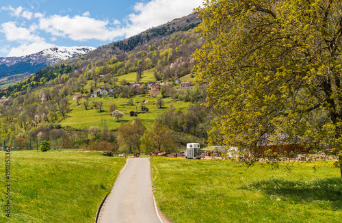 View of the small village of Aquila, a hamlet of the municipality of Blenio in the canton of Ticino, Switzerland. Scenic alpine landscape.