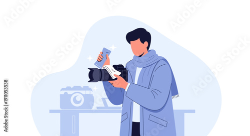 Photographer Cleaning Equipment Illustration Depicting Preparation for Capture, Flat Design