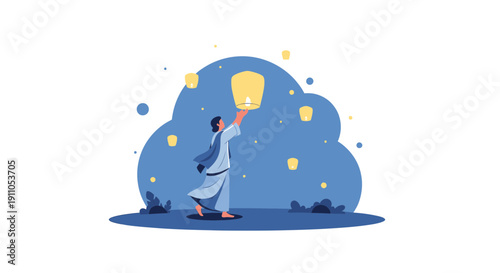 Person Releasing Sky Lanterns Into The Night Sky