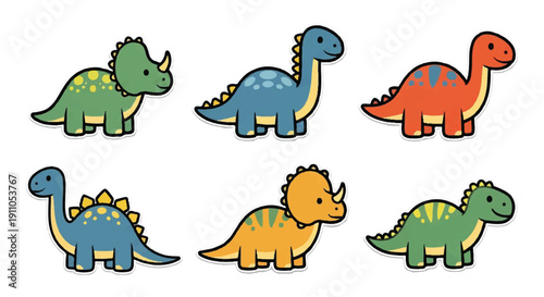 Colorful cartoon dinosaurs set of six vector illustrations