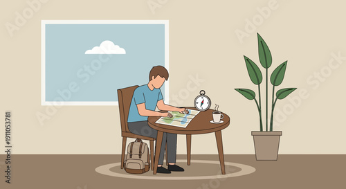 Person Studying A Map Planning A Journey With Coffee And Compass Beside A Potted Plant