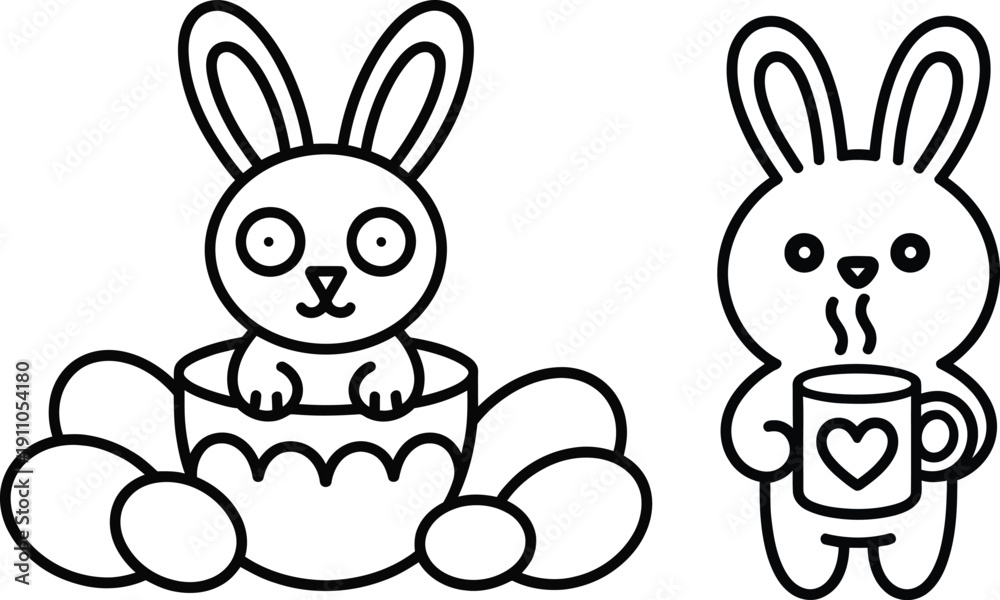 Obraz premium Two cartoon bunnies with cups and hearts