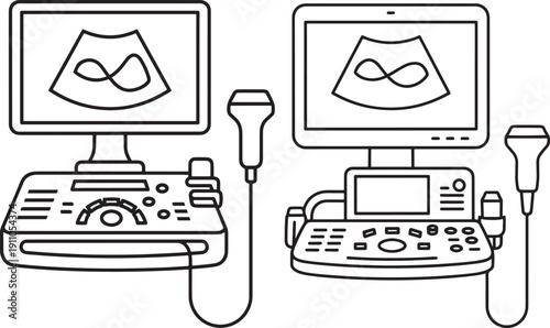 Ultrasound Machine Line Art, Medical Diagnostic Equipment Icons for Healthcare and Technology