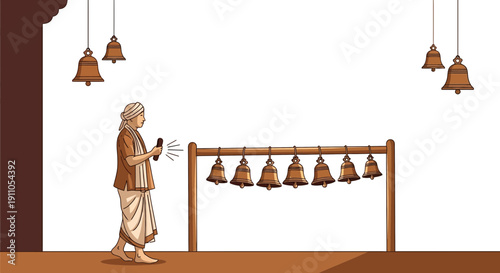 Priest Rings Temple Bells With A Stick Offering Serene Worship Sounds