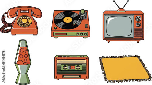 Retro technology collection illustration telephone record player television lava lamp cassette rug