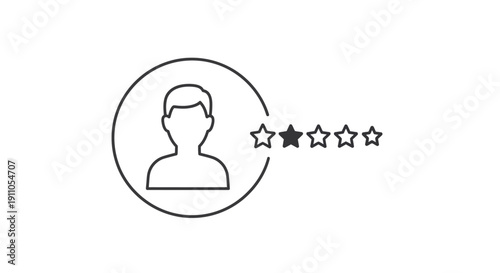 Simple line art icon depicting a user profile with a three-star rating evaluation on transparent background