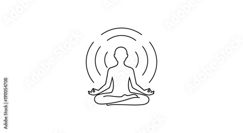 Simple line art icon representing a person meditating in lotus position with radiating energy waves on transparent background