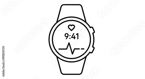 Minimalist outline icon depicting a modern smartwatch displaying time, heart rate monitor, and fitness tracking information on transparent background
