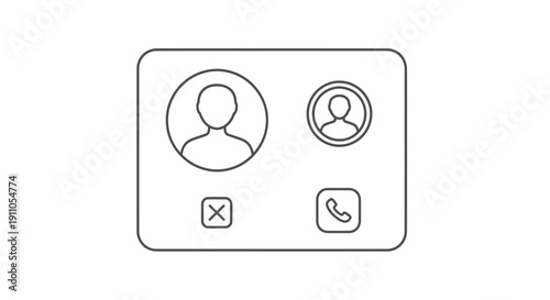 Simple outline icon depicting a user interface for managing a two-person conference call or video meeting on transparent background