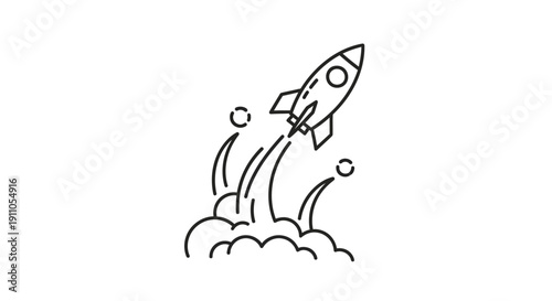 Simple line art icon depicting a stylized rocket taking off with powerful exhaust flames and smoke on transparent background