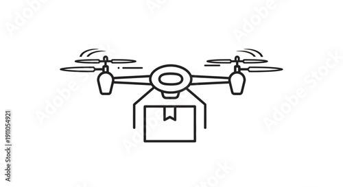 Sleek black line icon illustrating an autonomous quadcopter drone actively delivering a small cardboard package on transparent background