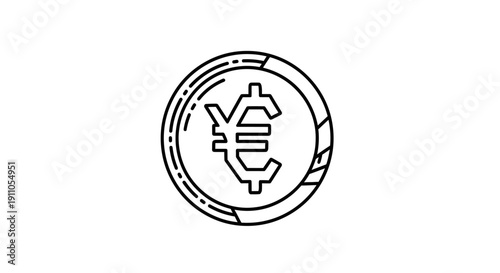 A simple, outlined, stylized European euro currency coin icon representing finance and global commerce on transparent background