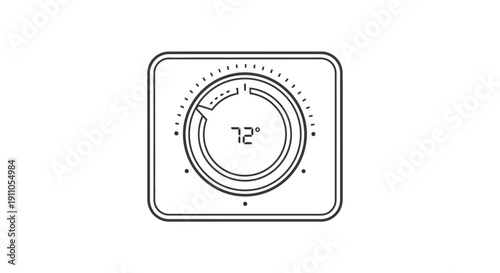 Minimalist line art icon depicting a modern digital thermostat displaying a comfortable seventy-two degree temperature on transparent background