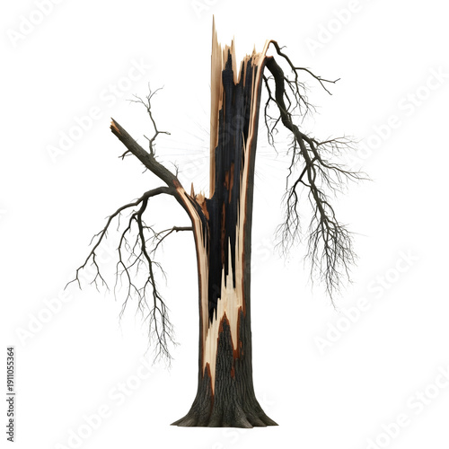 A tree with a broken trunk and branches against a black background