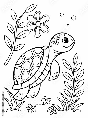Adorable cartoon sea turtle swimming peacefully among whimsical underwater aquatic plants and simple flowers for children to color