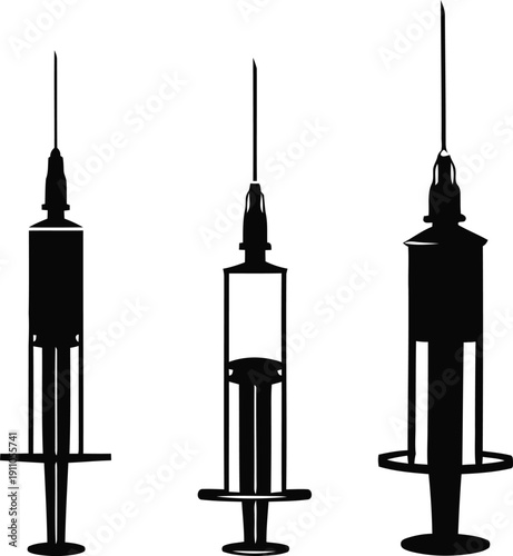 Three black silhouette medical syringes with needles on a white background