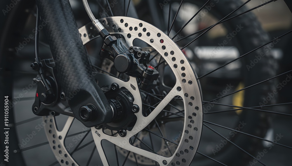 Fototapeta premium Close-up of a sleek bicycle disc brake and wheel in modern design