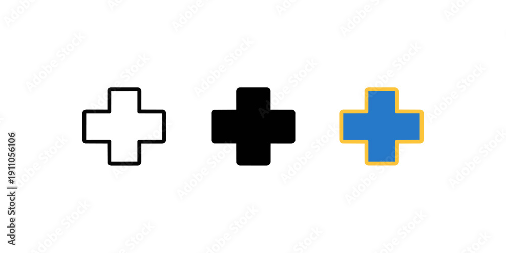 Fototapeta premium Medical Cross Icon Set – Outline, Solid and Color Healthcare Symbol Vector Collection