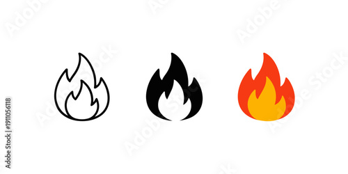 Fire Flame Icon Set – Outline, Solid and Color Heat Symbol Vector Collection