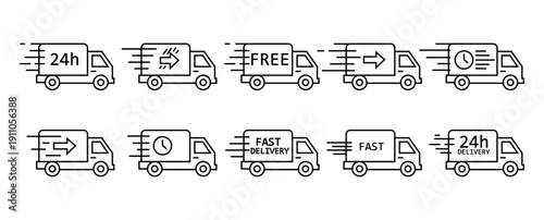 Delivery Truck Icons Vector Set with Motion Lines, 24h, Free, and Fast Delivery Labels in Landscape on PNG Background, delivery icons, truck symbols, fast shipping, express delivery, free shipping, 