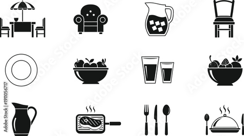 Collection of kitchen and dining furniture, food, drinks, and utensils black silhouette icons set for restaurant and home design use