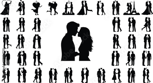 Collection of romantic couple silhouettes in love poses, kissing, hugging, and wedding scenes, black vector illustration set for relationship themes