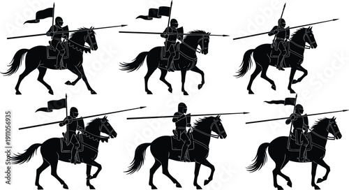 Set of medieval cavalry knight silhouettes on horseback with lances and banners, historical warrior riders vector illustration collection for design
