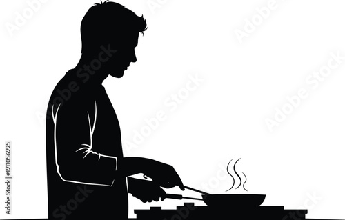 Silhouette of young man cooking food in frying pan on stove, home kitchen activity, preparing meal concept illustration vector design
