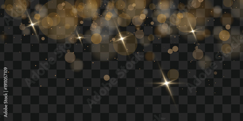 Golden bokeh lights and sparkling stars border on transparent background with dark gradient. Perfect for luxury event invitations, New Year and Christmas party flyers, elegant sale banners