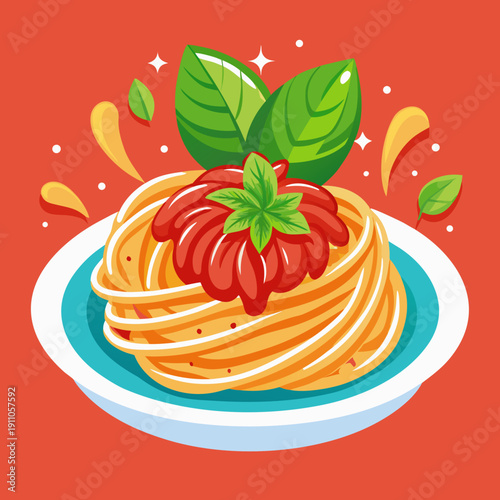 Hand Drawn Style Italian Pasta Graphic. Classic Spaghetti with Basil Cartoon Illustration. Pasta with Tomato Sauce and Cheese Vector. Italian Cuisine Pasta Dish Flat Icon. Tasty Pasta Bowl Cartoon.