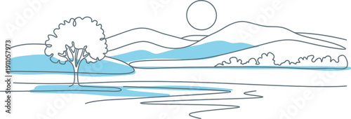 Simple Landscape with Tree and Mountains