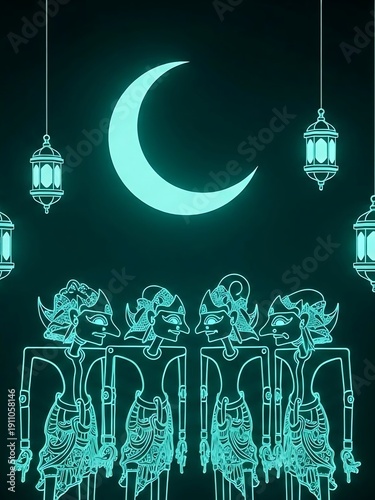 Ramadan Kareem Greeting with Lanterns and Crescent.